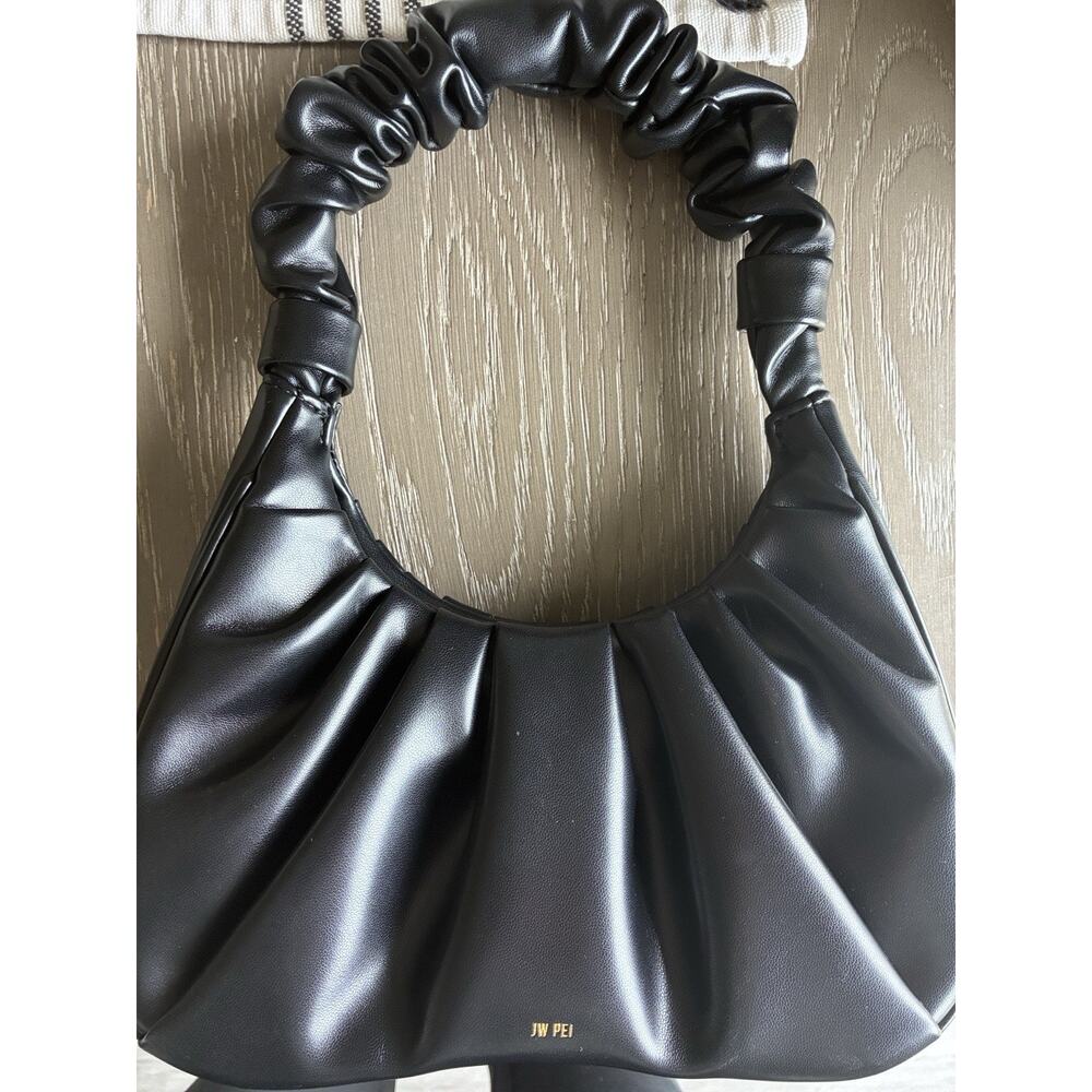 JW PEI Black Ruched Pleated Crescent Shoulder Bag Small Top Handle - Picture 4 of 5